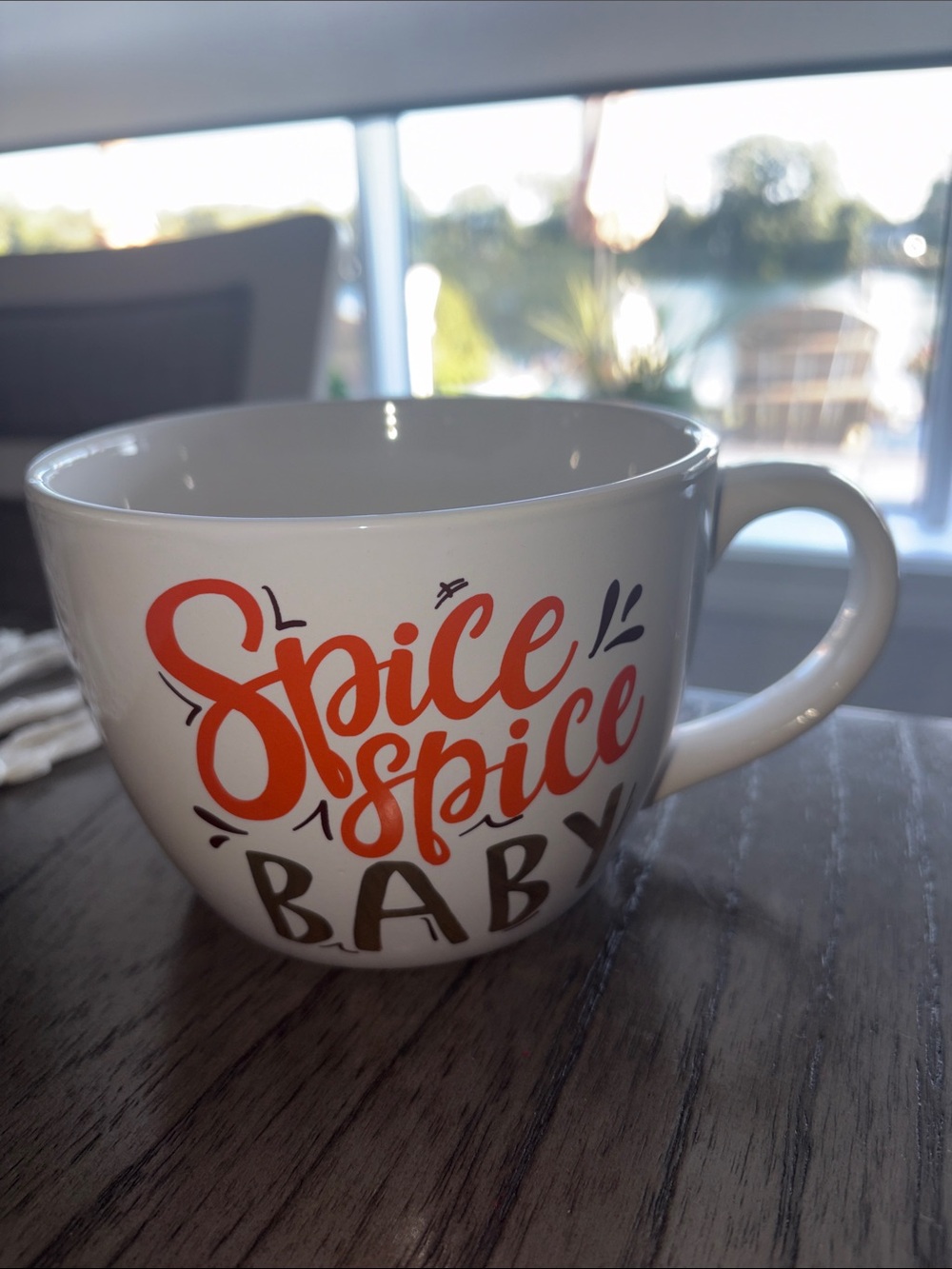 Spice Spice Baby White Ceramic Soup Mug - Orange Lettering NWOT